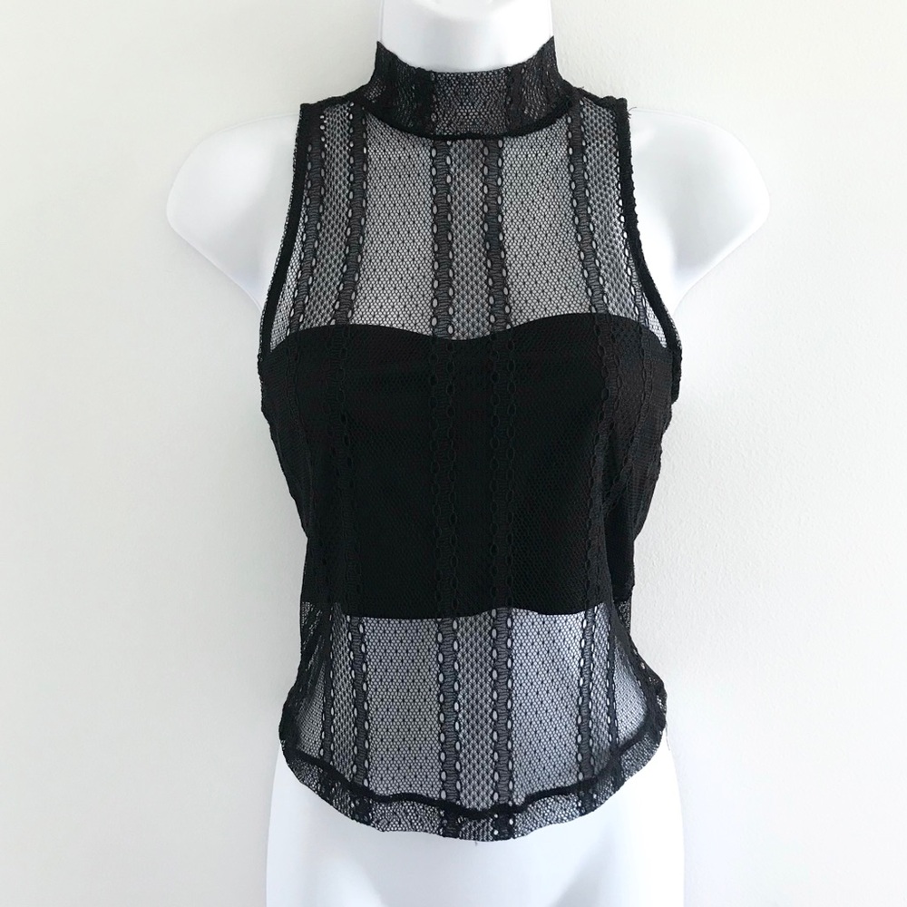 Dynamite Lace Sheer Choker Mock Neck Black Sleeveless Top with Camisole Tube Top